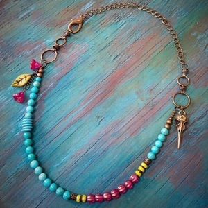 turquoise with glass and brass bird skull necklace